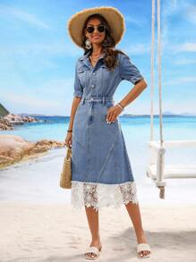 Breezaya Women Fashionable Bubble Sleeve Short-Sleeved Denim Dress For Spring And Summer Vacation Fall Cloth For Women - Light Wash - View 4