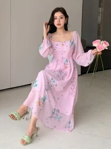 DAZY Robe d'été casual à manches lanternes imprimée de fleurs, col carré, volants