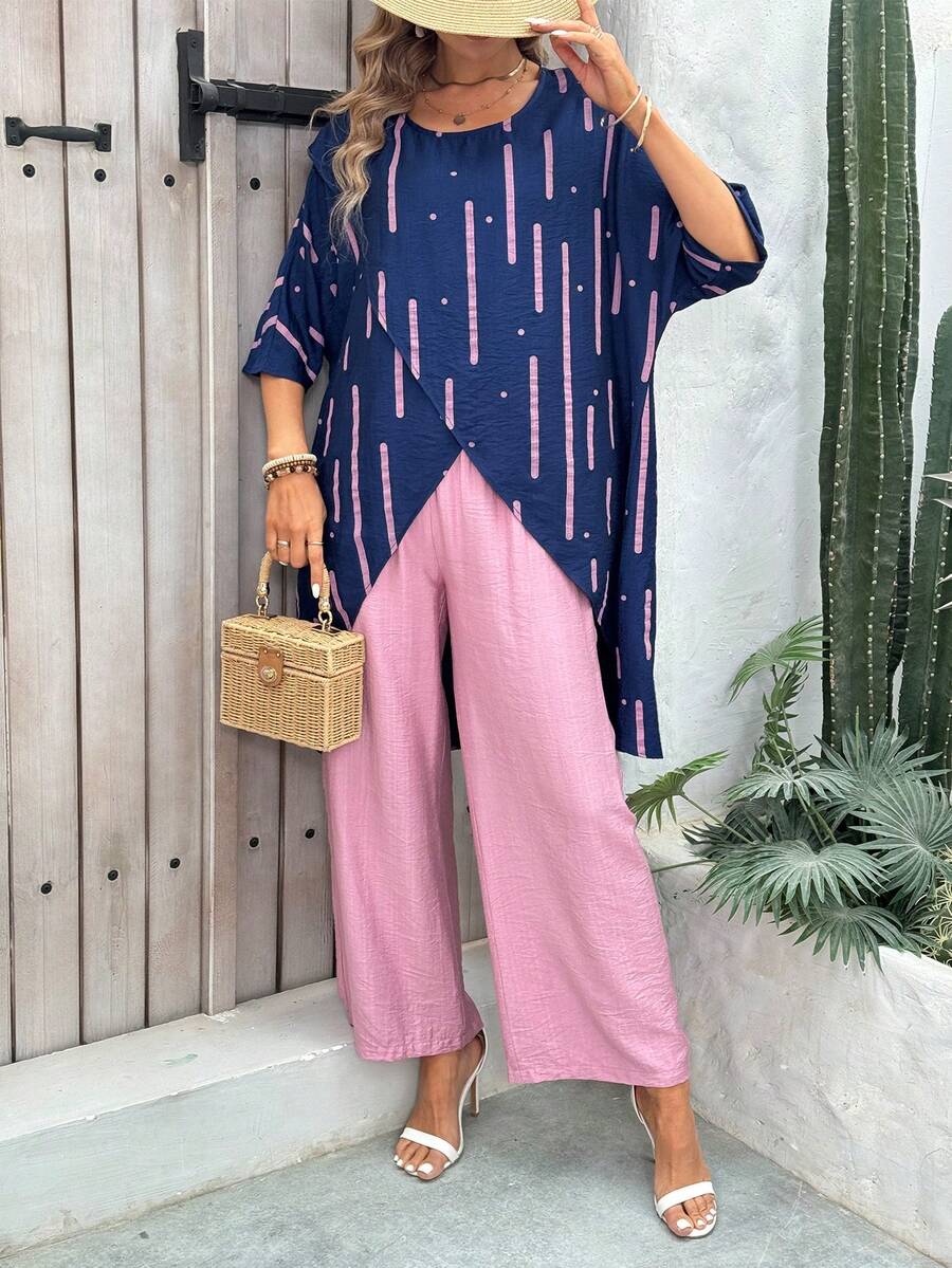 Crossover Tops Short Sleeve Women 2 Pieces Matching Sets - Pink - View 1