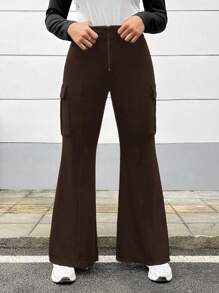 SHEIN EZwear Plus Size Casual Solid Color Cargo Flare Pants - Chocolate Brown - View 4
