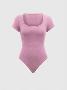 Olithes Women Summer Solid Color Square Neck Short Sleeve Bodysuit With Waist Belted Wide Leg Pants Loose Casual 2 Pieces Set - Pink - View 6