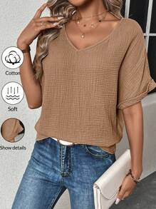SHEIN LUNE Áo sơ mi nữ mùa hè màu trơn cổ chữ V cánh dơi tay ngắn dáng rộng - màu nâu - Xem 3