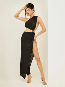 Hauture One-Shoulder Cutout Maxi With Thigh-High Slit - Black - View 1