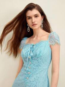 Anewsta Elegant Water Blue Lace Midi Dress For Ladies' Party - Baby Blue - View 5