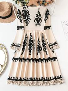 SHEIN LUNE Women Summer Apricot Positioning Flower Fringed Dress Hawaiian Style