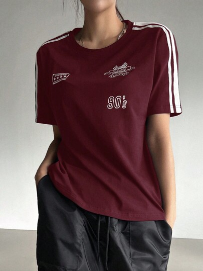 DAZY Women Summer Short Sleeve Casual T-Shirt With Motorcycle Style Letter Print And Striped Decoration Jersey,Fall Clothes