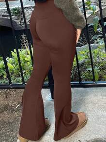 INAWLY Pantalones acampanados de moda femenina de ajuste ceñido y unicolor - Café integral - Ver 2