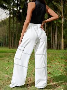 SHEIN EZwear Women Summer Casual Loose Straight Cargo Pants In White With A Built-In Belt - White - View 2