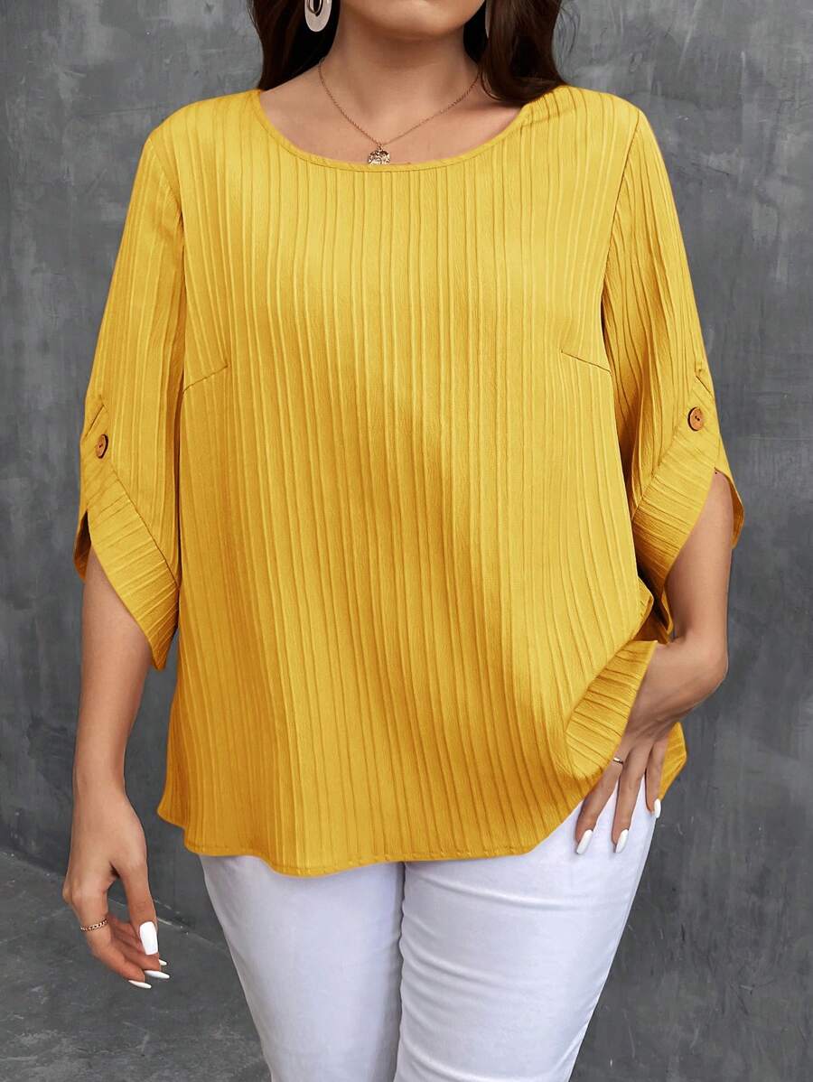 SHEIN LUNE Loose-Fit Round Neck Simple Solid Color All-Match Spring/Summer Short Sleeve Shirt In Plus Size - Yellow - View 1