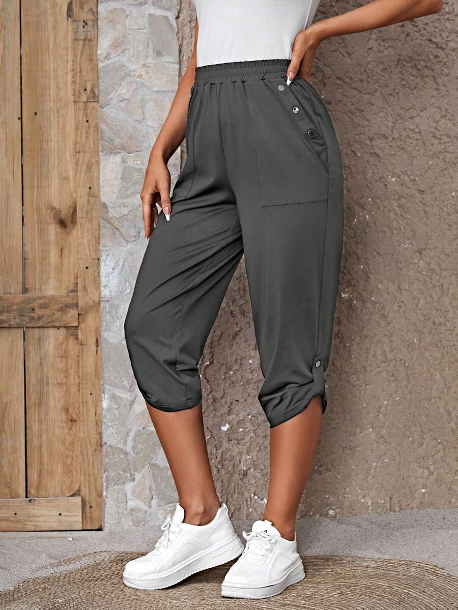 EMERY ROSE Women Solid Color Elastic Waistband Capri Pants, Suitable For Summer - Grey - View 1