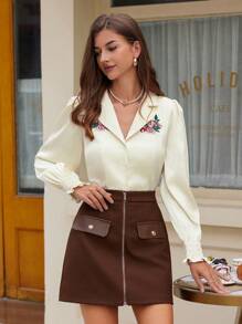 Chiquease Elegant Commuter Contrast Color Floral Embroidery Long Puff Sleeve Cuff Detailed Shirt - Beige - View 3