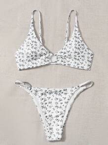 SHEIN Swim 夏季海滩女士度假花卉圆环简约时尚比基尼套装带分体比基尼套装随机印花 - 黑色 - 查看 1