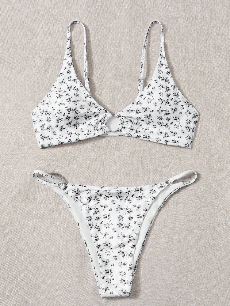 Summer Beach Women Vacation Floral Circle Link Simple Fashionable Bikini Set With Separated Bikini Set Random Print
