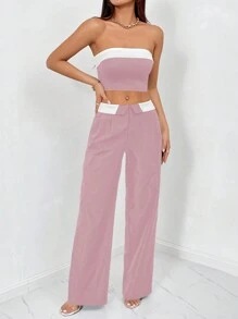 SHEIN Privé 女性彩塊無肩帶短上衣和長褲套裝，適合夏季 - 粉色 - 查看 3