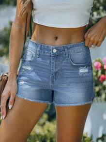 Women's Casual Distressed Frayed Hem Pockets Washed Denim Shorts - Blue - View 1