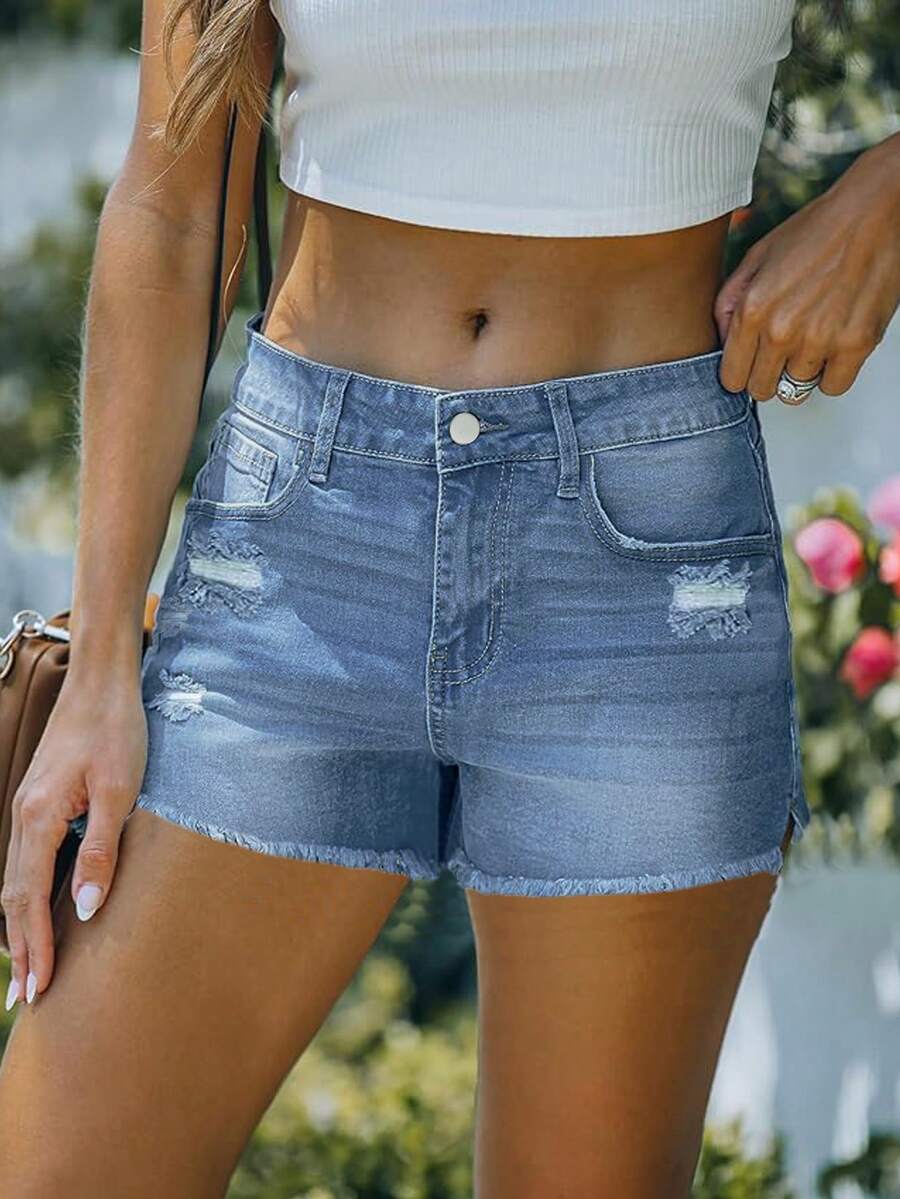 Women's Casual Distressed Frayed Hem Pockets Washed Denim Shorts - Blue - View 1