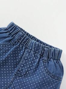 Young Girl Summer Casual Vacation Style Heart Shaped Strap Camisole With Polka Dot & Printed Detail And Denim Shorts With Fringe Hem - Medium Wash - View 5