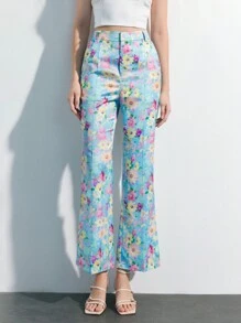 Maija 女士时尚休闲花卉印花褶皱阔腿裤，夏季