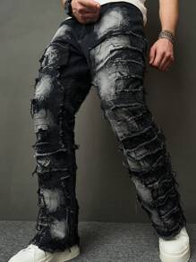 SHEIN Tween Boy Moda Casual Design Sense Rough Edge Quadrado Triângulo Corte Preto Denim Fit Com Jeans Elástico Para Uso Diário E Outono Roupas Infantis
