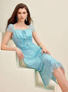 Anewsta Elegant Water Blue Lace Midi Dress For Ladies' Party - Baby Blue - View 3