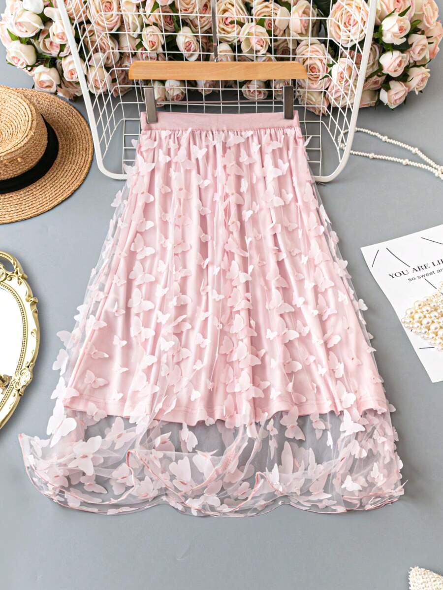 SHEIN Unity Falda versátil de diseño de mariposas 3D para mujeres con estilo - Rosa Pálido - Ver 1