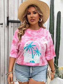 SHEIN VCAY Plus Size Coconut Tree Print Casual Round Neck Short Sleeve T-Shirt, Perfect For Daily Wear In Spring And Summer - Hot Pink - View 4
