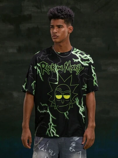 Rick and Morty X SHEIN Camiseta de manga corta holgada y casual para hombres con estampado de retrato de Rick y relámpago, estilo de los años 2000