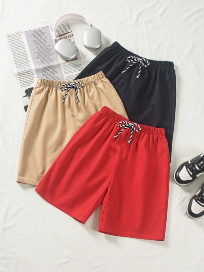 Tween Boy 3pcs/Set Casual Solid Color Wide-Leg Woven Shorts, One Piece In Three Colors, School, Campus, College