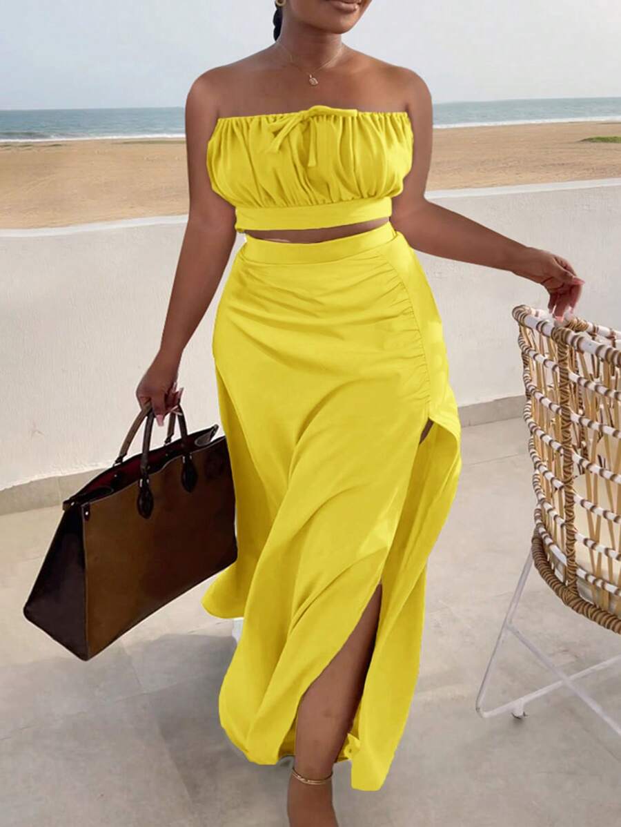Slaydiva Plus Size Świąteczna, jednoczęściowa, plisowana spódnica z rozcięciem w jednolitym kolorze, dwuczęściowy komplet - Żółty - Zobacz 1