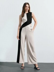 Maija Summer Sleeveless Contrast Color Round Neck Tank Top & Straight Leg Pants 2pcs/Set
