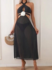 SHEIN Swim Women Fashionable 3D Flower Design Bikini Set Summer - Black - View 3