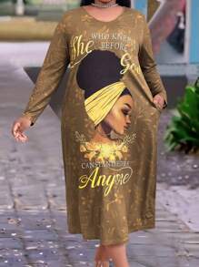 Maweii 大码女式肖像印花连衣裙，配有口袋，超长女装 - 彩色 - 查看 4