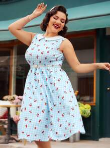 Vintamour 大码复古优雅女装连衣裙，春夏格子、樱桃和水果印花，无袖，翻领，彼得潘领，伞裙 德比裙 母亲节服装 夏季母亲节服装 演唱会服装 休闲夏装 早午餐服装 蓝色连衣裙 夏装 节日服装 太阳裙 短款 - 彩色 - 查看 3