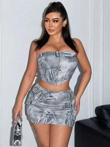 SHEIN SXY x STAS SHEIN SXY Women Summer Country Festival Casual Streetwear Motorbike Bandeau Top And Mini Skirt Set