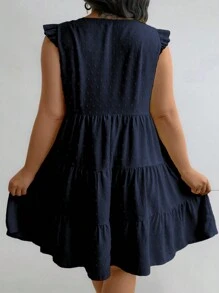 Flirla Đầm suông tay lỡ xếp nếp màu trơn đơn hàng mùa hè cỡ lớn cho nữ - Màu xanh hải quân - Xem 2