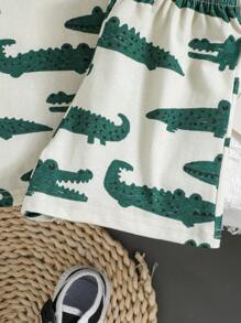 SHEIN Baby Boy Cartoon Alligator Pattern Round Neck Tee And Shorts Set - Green - View 5