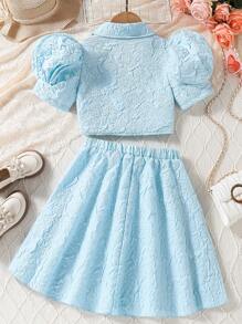 SHEIN Conjunto de dos piezas con top corto de manga de pétalo y falda de línea A para niña preadolescente - Neblina azul - Ver 2
