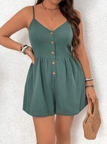 SHEIN VCAY Plus Size Vacation Simple Style All-Match Spaghetti Strap Elastic Waist Jumpsuit - Army Green - View 3