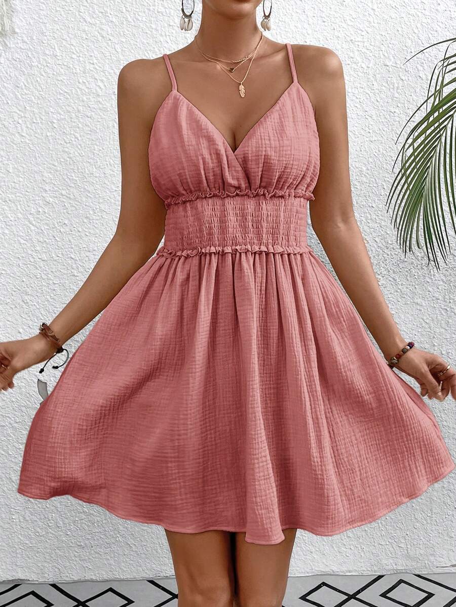 SHEIN VCAY Ladies" Fashionable Solid Color Spaghetti Strap Dress - Pink - View 1