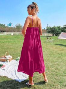 SHEIN VCAY Women Summer Beach Cut Out Front Ruffle Hem Cami Maxi Black Dress - Hot Pink - View 2