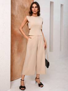 Aveloria Minimalist Style Unisex Backless Top & High-Waist Trousers, Loose-Fit Women's 2pcs/Set