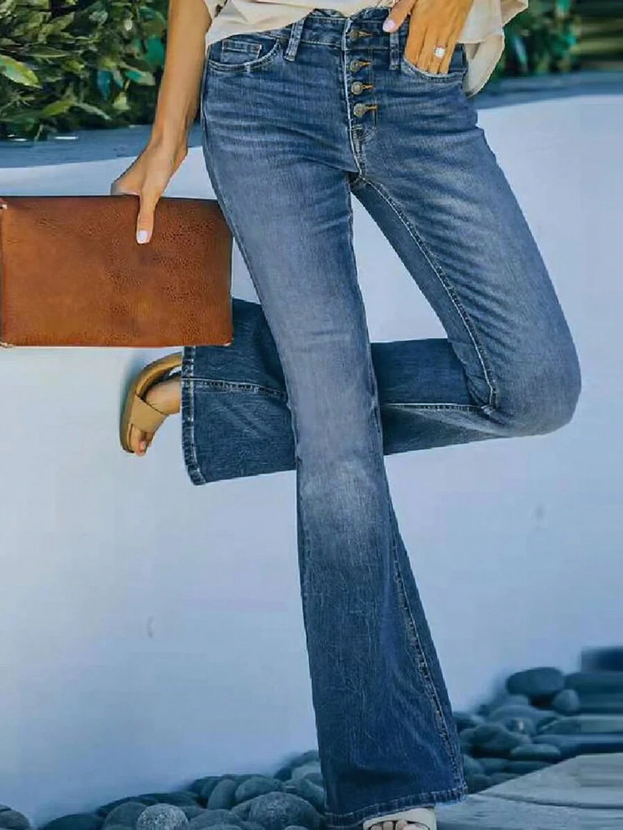 Women's Casual Solid Color Button Flare Jeans, Suitable For Commuting And Daily Wear, Autumn - Blue - View 1