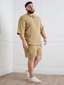 Manfinity Homme Men Plus Size Summer Casual Solid Color Short-Sleeve Shirt And Shorts Set