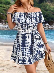 SHEIN Clasi Plus Size Women's Sexy Tie Dye Off Shoulder Top And Skirt Set With Ruffle Hem For Summer - Blue - View 4