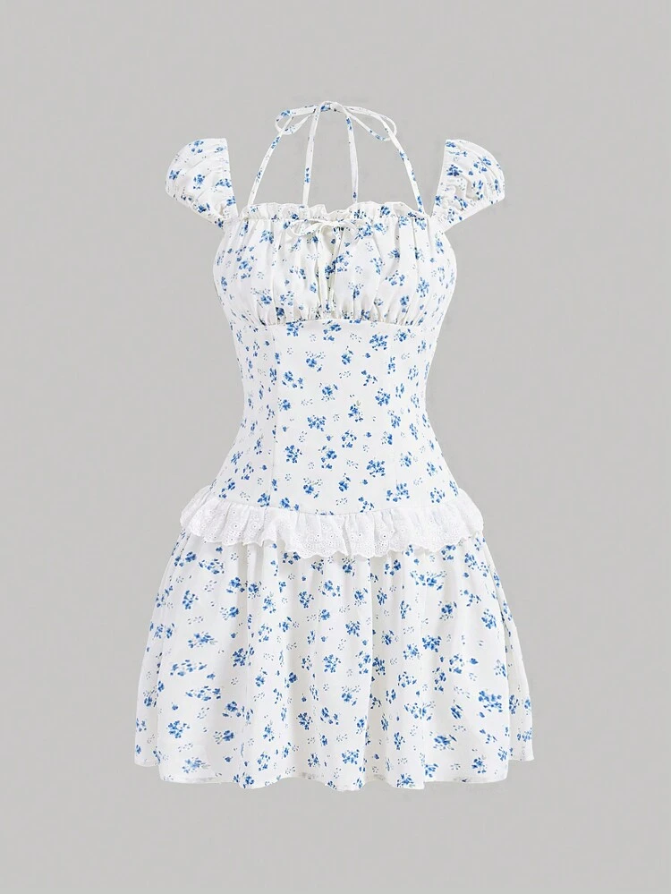 Women Summer Holiday Floral Print Babydoll Dress With Lace Trim, Petal Sleeves And Neck Tie