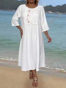EMERY ROSE Women's Solid Color Simple Embroidery A-Line Dress - White - View 2
