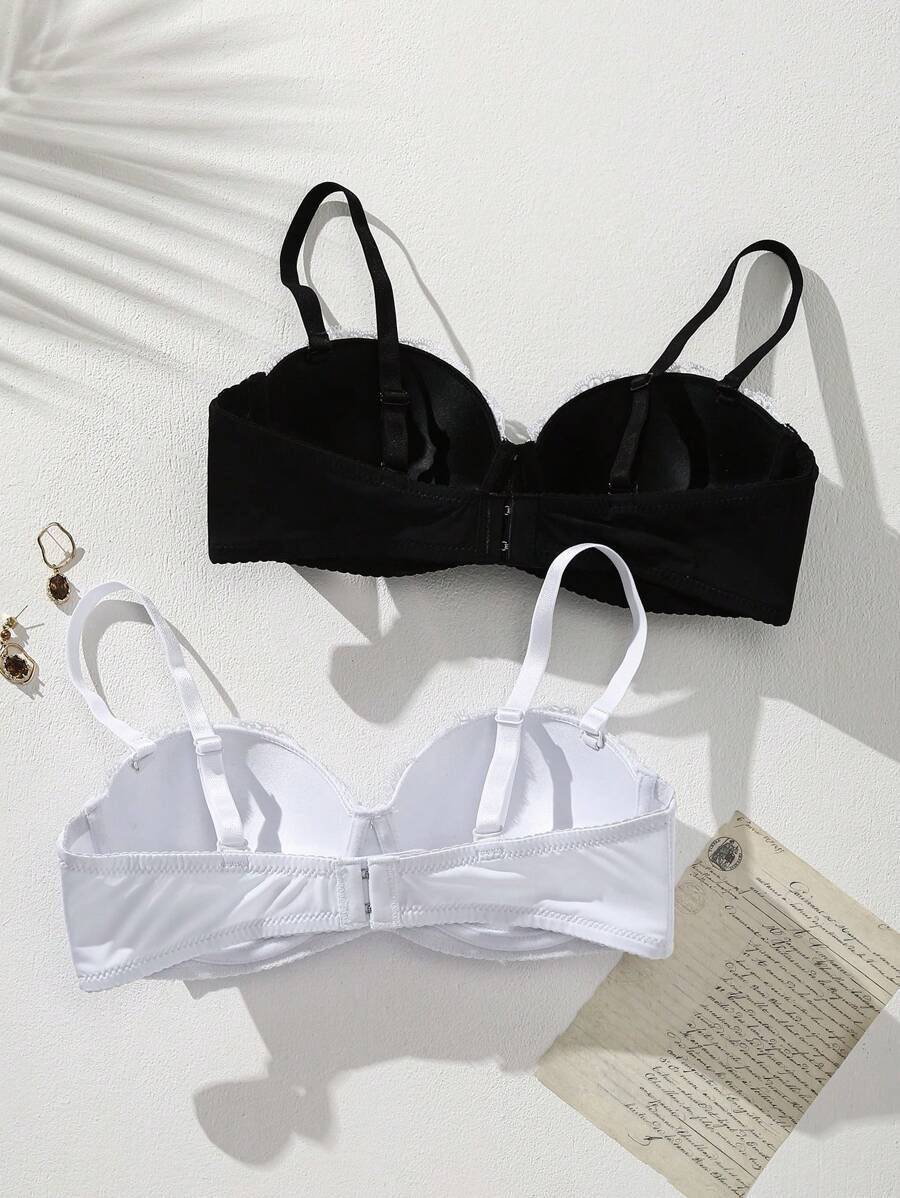 Sexy & Black And White Lace Spliced Simple PushUp Bra Set (2 Pieces) For Small Chest