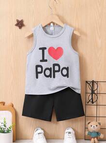 SHEIN Young Boy Casual Heart Print Sleeveless Tank Top, For Getaway, Holiday, Travel, Relax, Sunbathing, Summer