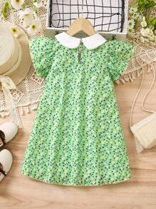 SHEIN Váy ngắn tay phong cách ngày lễ cho bé gái, thêu cổ Peter Pan và in toàn bộ - màu xanh lá - Xem 2