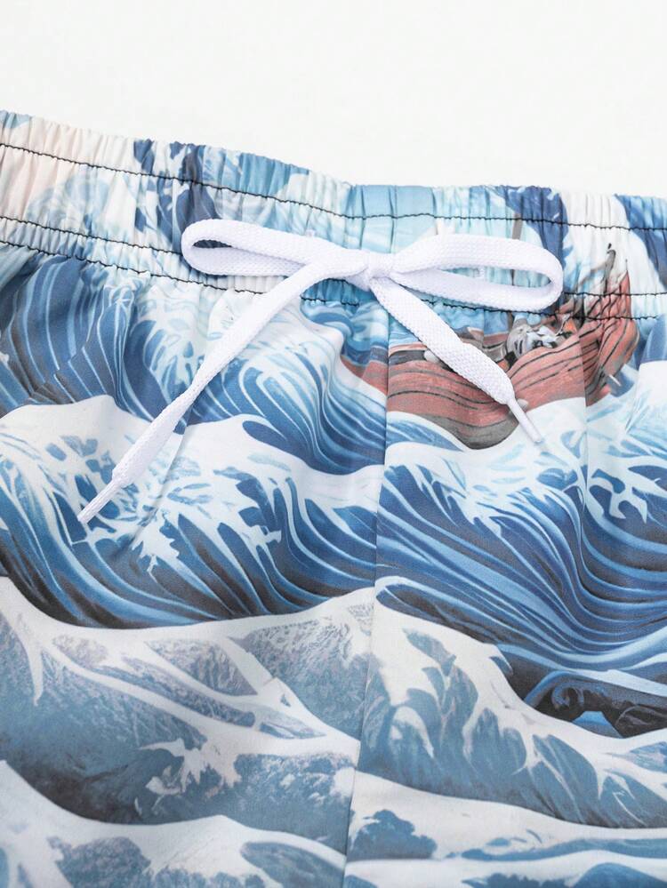 Tween Boy Beach Wave Printed Short Sleeve Open-Front Kimono And Shorts Casual Swimwear Beachwear Set